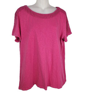 Talbots T-Shirt Top Womens Size Large Pink Crochet Round Neck Sleeve Cotton Knit